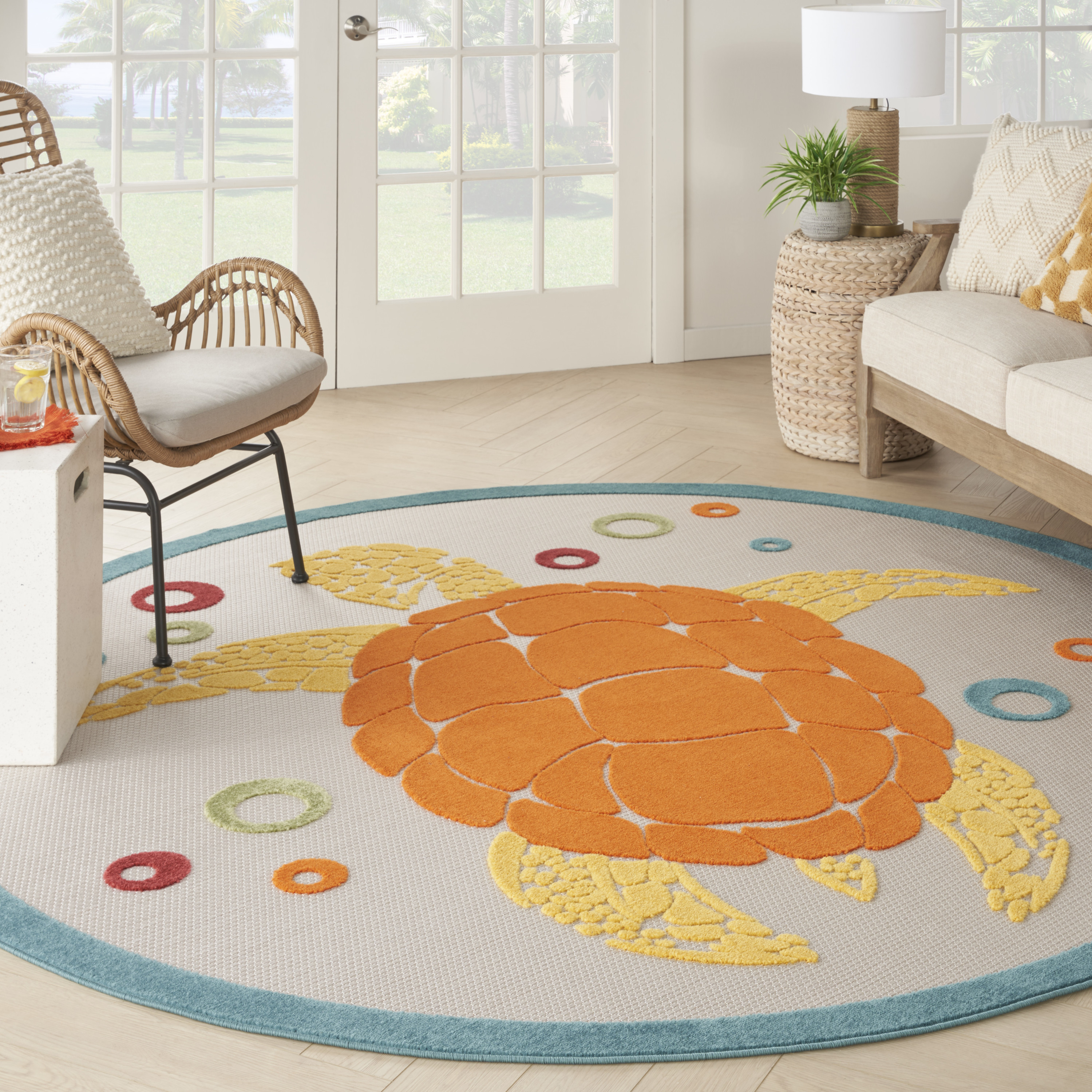 Nourison Aloha 5'3" x Round Teal Multicolor Coastal, Nautical & Beach Rug