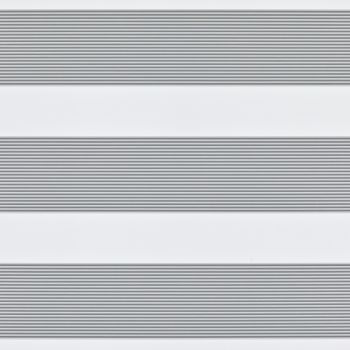 Dual-layer zebra roller blind across a window: alternating opaque white and narrow grey-striped sheer bands, aligned to form horizontal light-and-shade stripes, viewed close-up in a neutral interior setting.