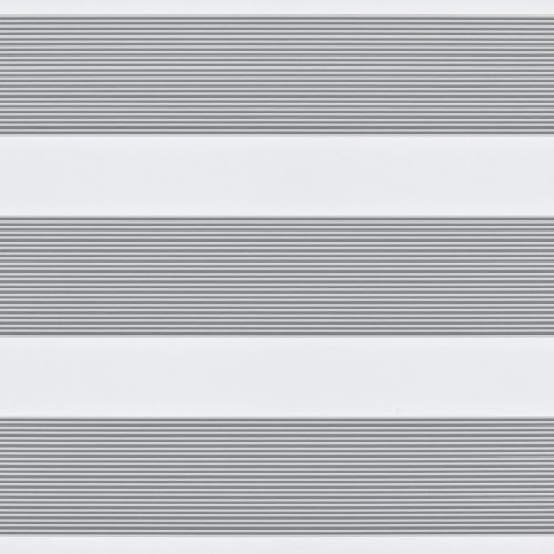 Dual-layer zebra roller blind across a window: alternating opaque white and narrow grey-striped sheer bands, aligned to form horizontal light-and-shade stripes, viewed close-up in a neutral interior setting.