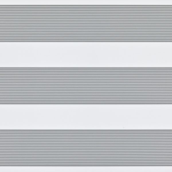 Dual-layer zebra roller blind across a window: alternating opaque white and narrow grey-striped sheer bands, aligned to form horizontal light-and-shade stripes, viewed close-up in a neutral interior setting.