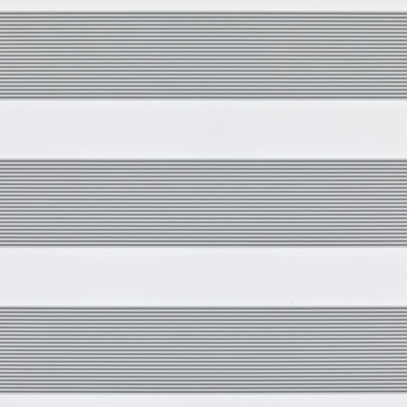 Dual-layer zebra roller blind across a window: alternating opaque white and narrow grey-striped sheer bands, aligned to form horizontal light-and-shade stripes, viewed close-up in a neutral interior setting.