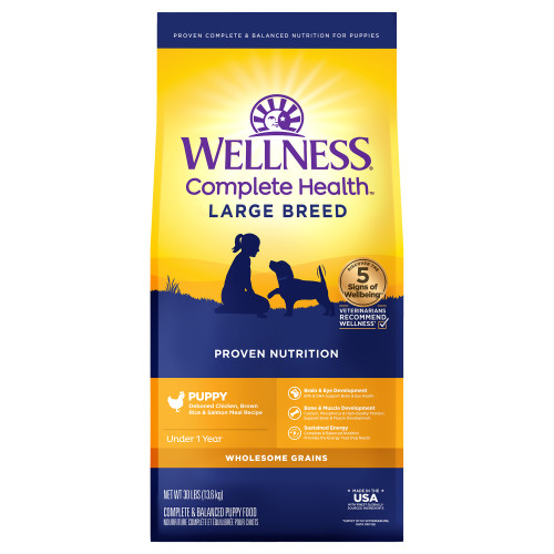 Wellness Complete Health  Large Breed Puppy Chicken, Salmon & Rice Front packaging