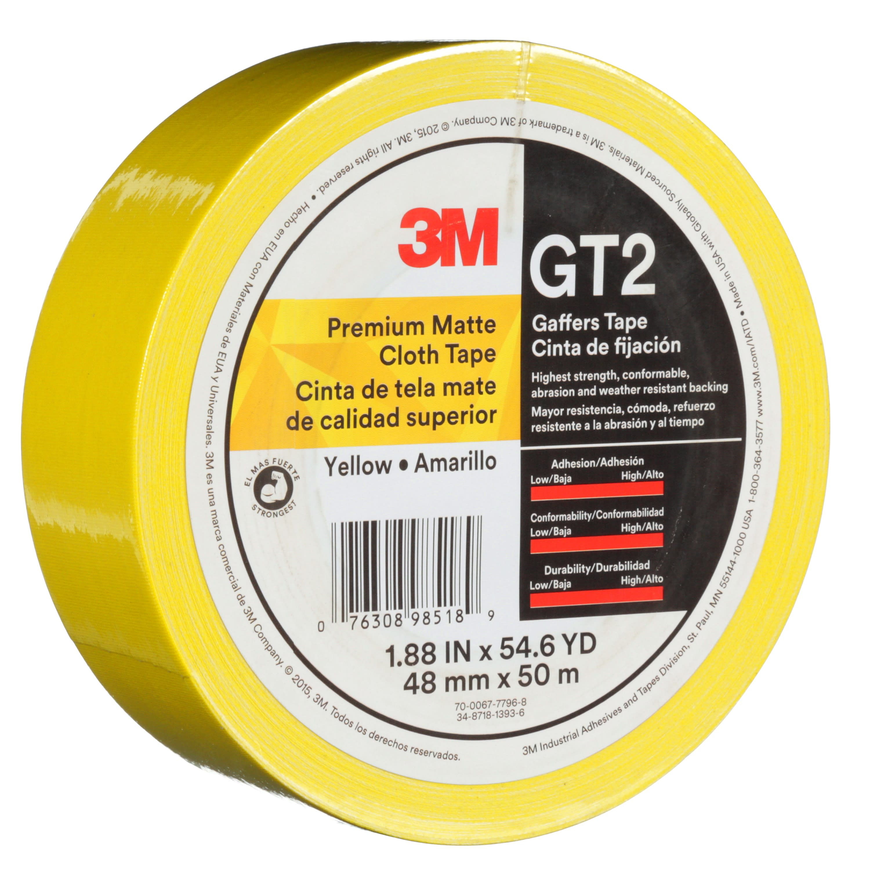 3M™ Premium Matte Cloth (Gaffers) Tape GT2, Yellow, 48 mm x 50 m, 11
mil, 24 per case