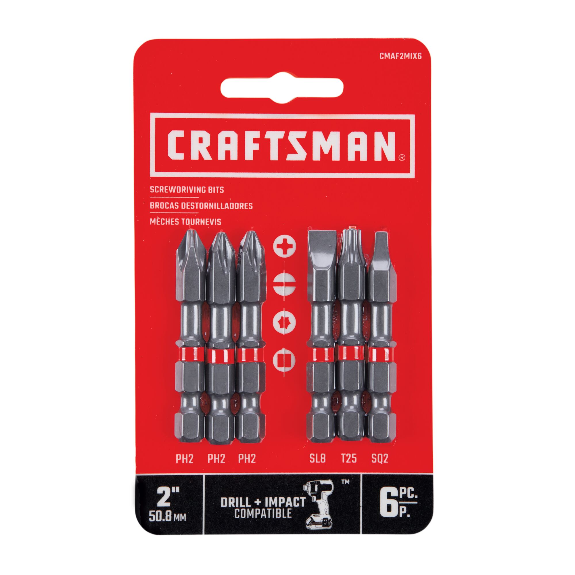 2 inch Set High carbon Steel Hex Shank Screwdriver Bit Set 6 piece in carded packaging.