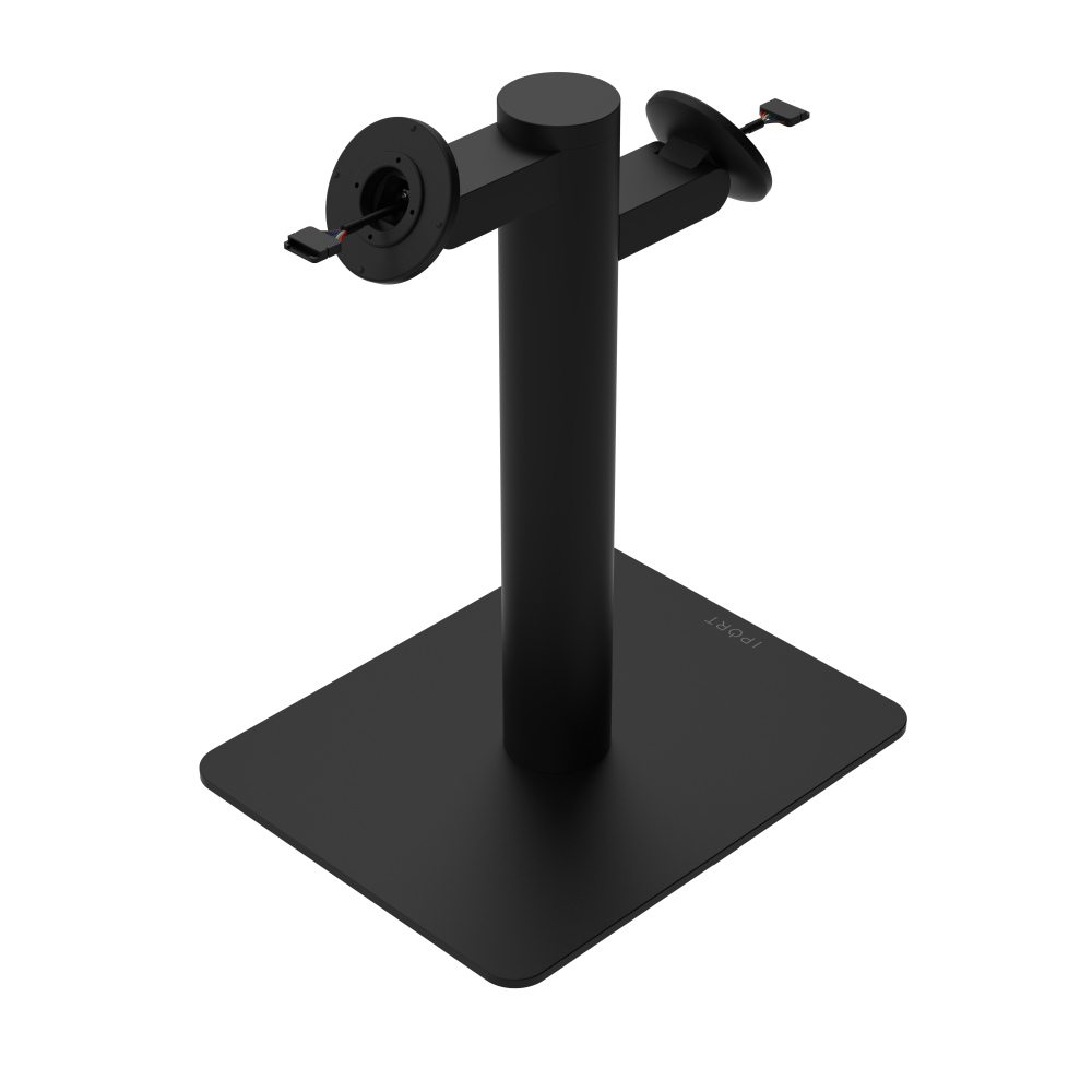 CONNECT MOUNT Pillar Dual iPads on a Baseplate in black fifteen inches high with a CONNECT MOUNT head and Hirose H10 Connection.