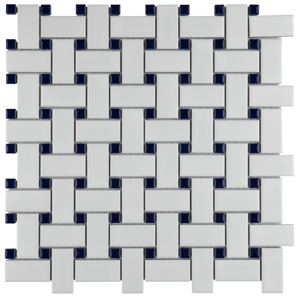 Metro Basketweave White w/ Glossy Cobalt Dot 11-3/4 in. x 11-3/4 in. Porcelain Mosaic Tile