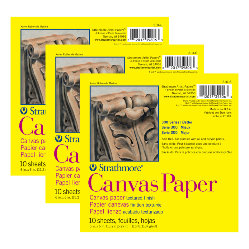 300 Series Canvas Paper Pad, 6" x 6", 10 Sheets, Pack of 3