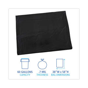 Boardwalk,  LLDPE Liner, 60 gal Capacity, 38 in Wide, 58 in High, 0.7 Mils Thick, Black