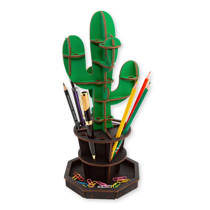 Cactus Desk Organizer Wooden Model Kit with Phone Stand, Green, 46 Pieces