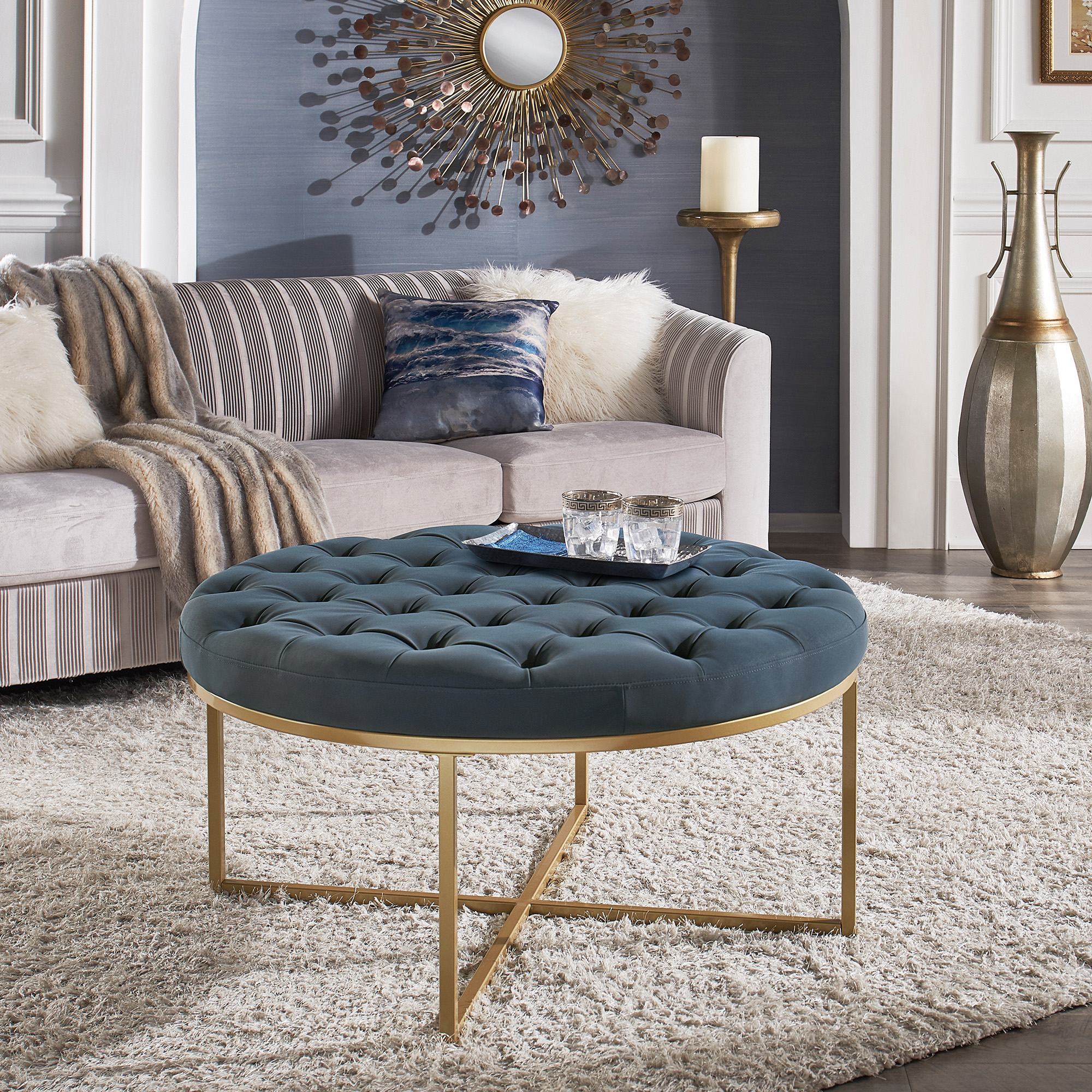 Faux Leather Tufted Round Ottoman