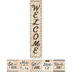 Black, White, and Wood Welcome Banner, 8" x 39"