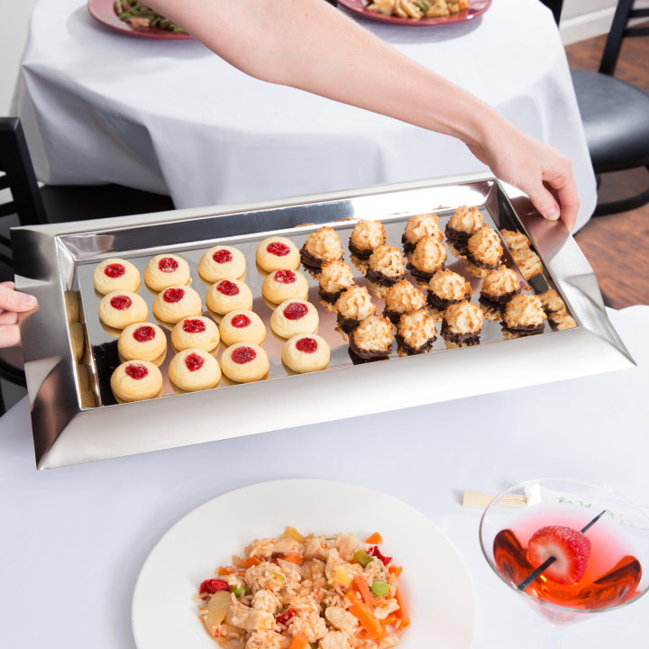 Large rectangular stainless steel serving tray