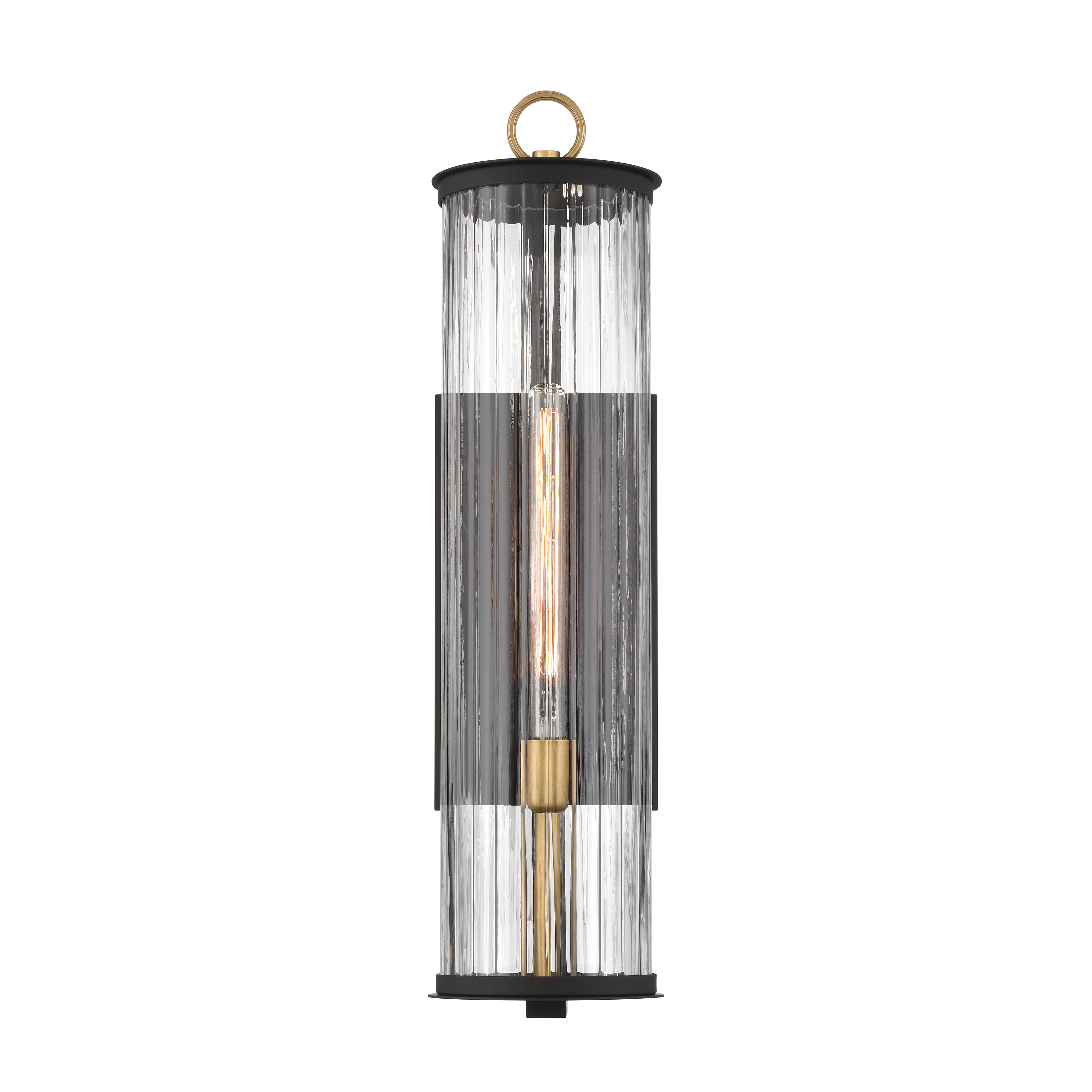 The Cara outdoor wall sconce makes a dramatic statement with its 27.5" height and mixed metal finish. Clear ribbed glass diffuses light beautifully while the dark matte black and brass combination adds sophisticated contrast. - alternate view