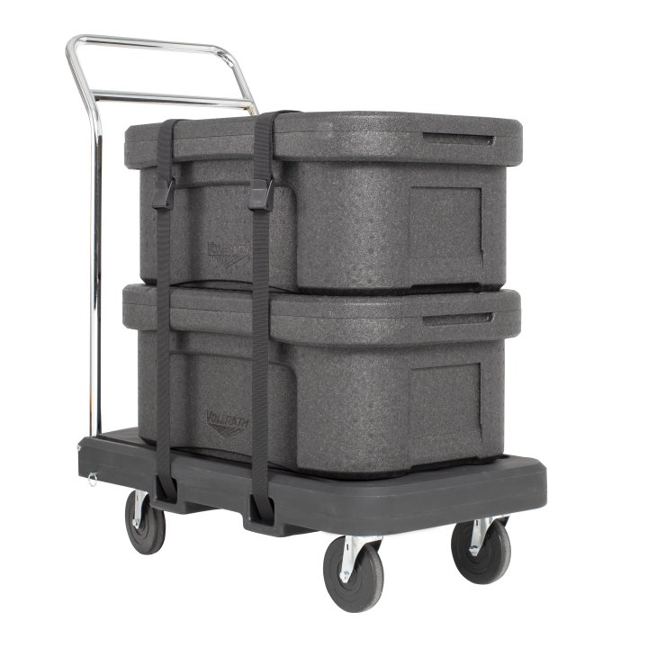 Flatbed utility dolly in dark gray with 5” casters and straps