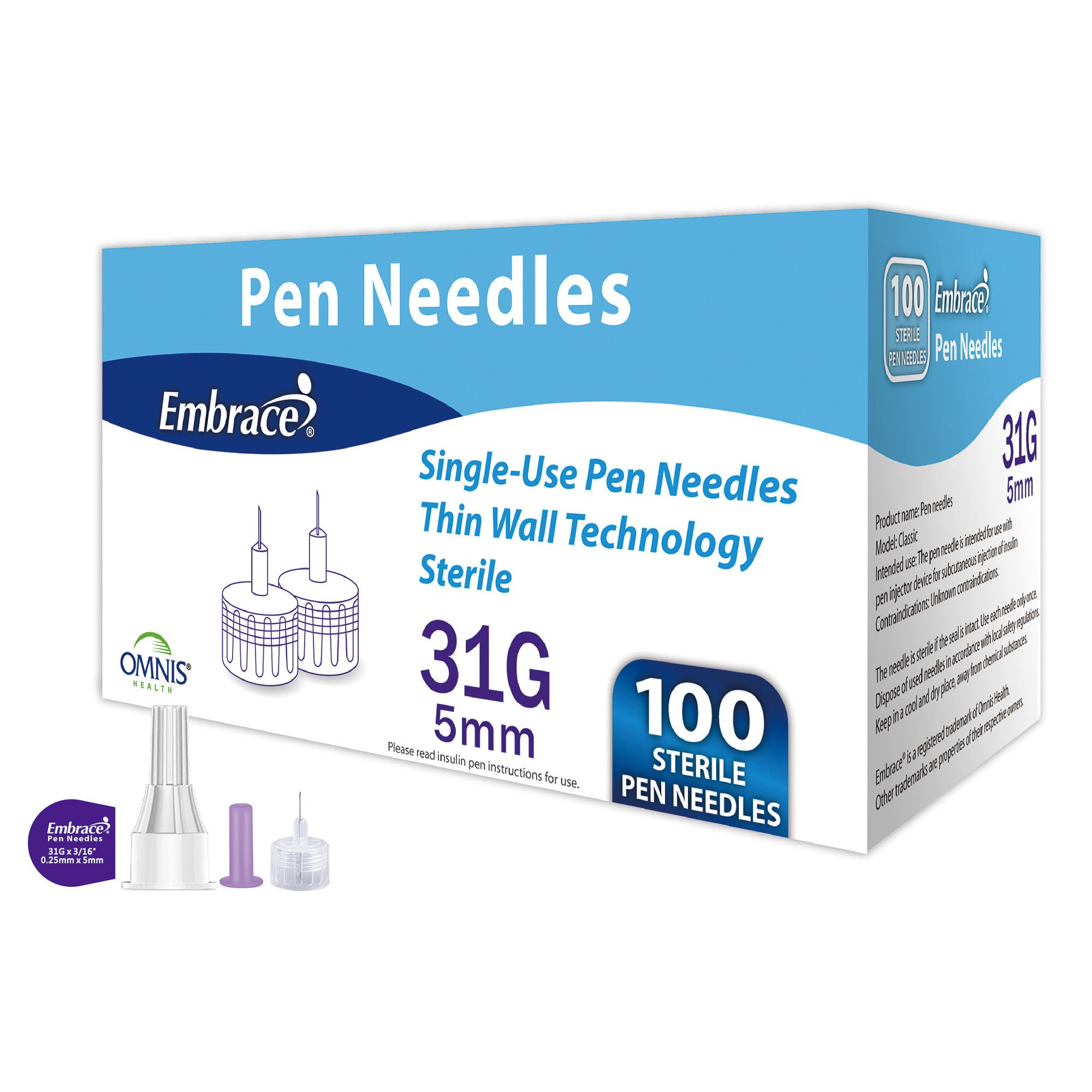 Omnis Health NEEDLE, PEN EMBRACE 31G/5MM (100/BX 20BX/CS)