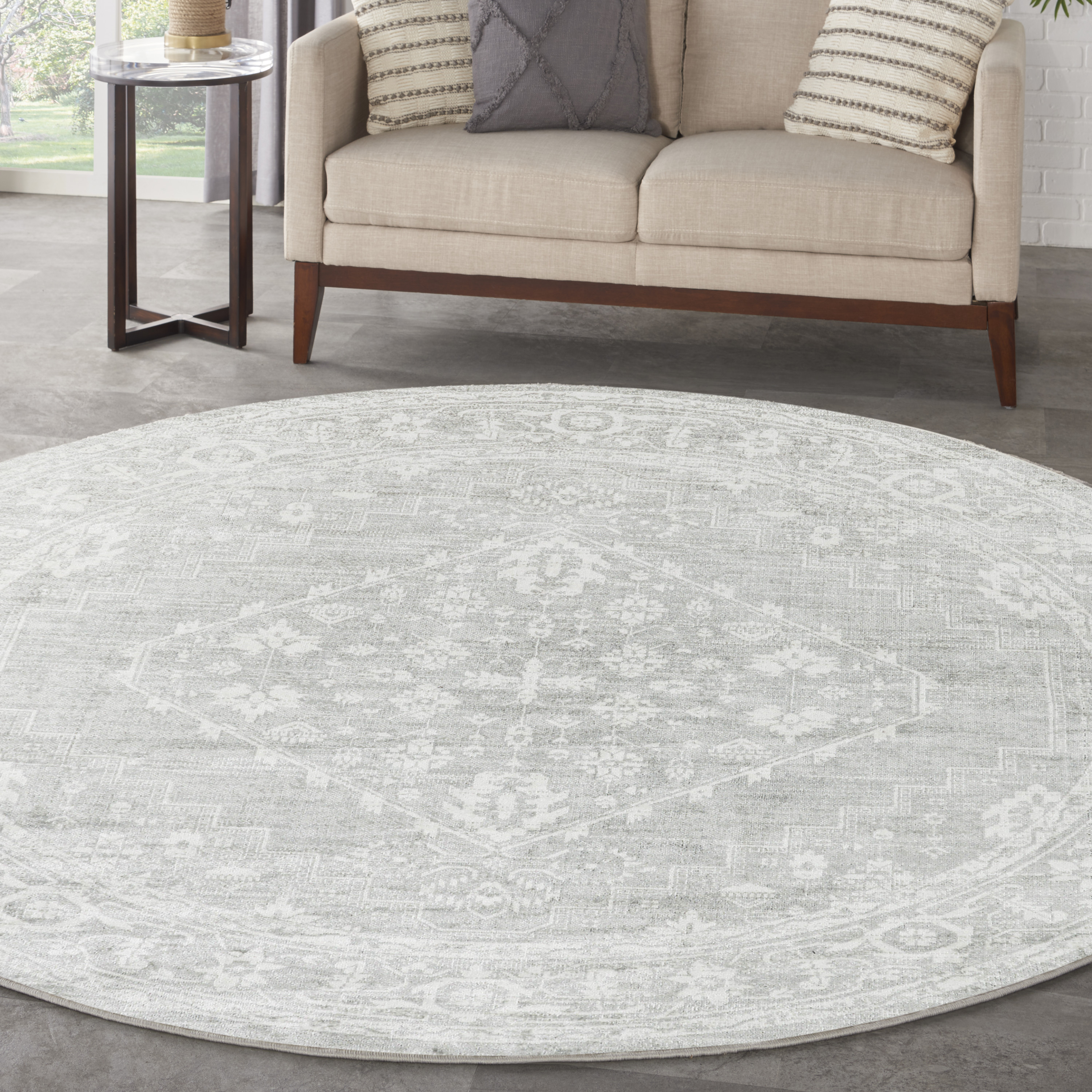 Nourison Astra Machine Washable 7'10" x Round Light Grey Vintage Indoor Rug