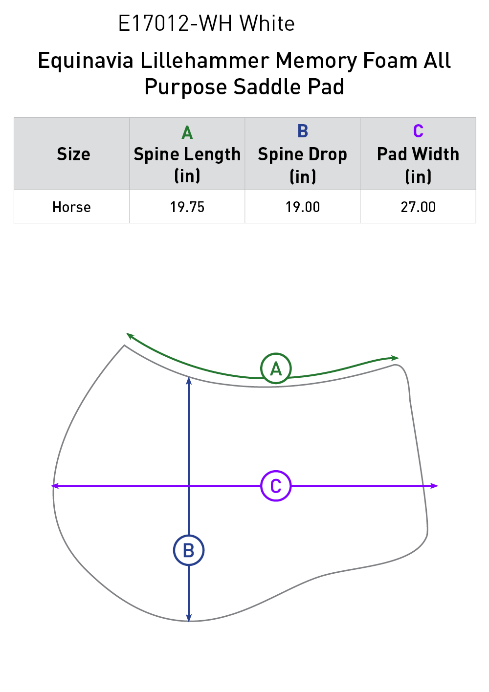 Size chart for Equinavia Lillehammer Memory Foam All Purpose Saddle Pad - White