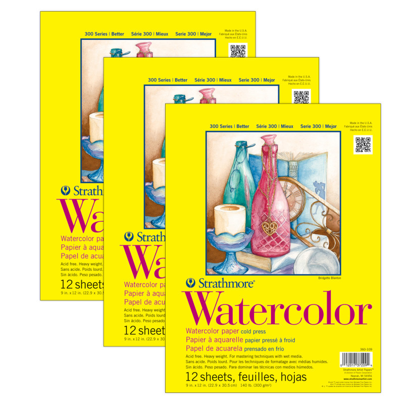 300 Series Watercolor Pad, Cold Pressed, Tape Binding, 12 Sheet, 9x12 inch, Pack of 3