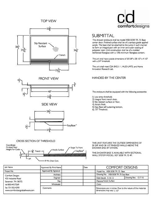 Spec Sheet — Cd Shower Base Spec Sheet Xsb 5038tr 75
