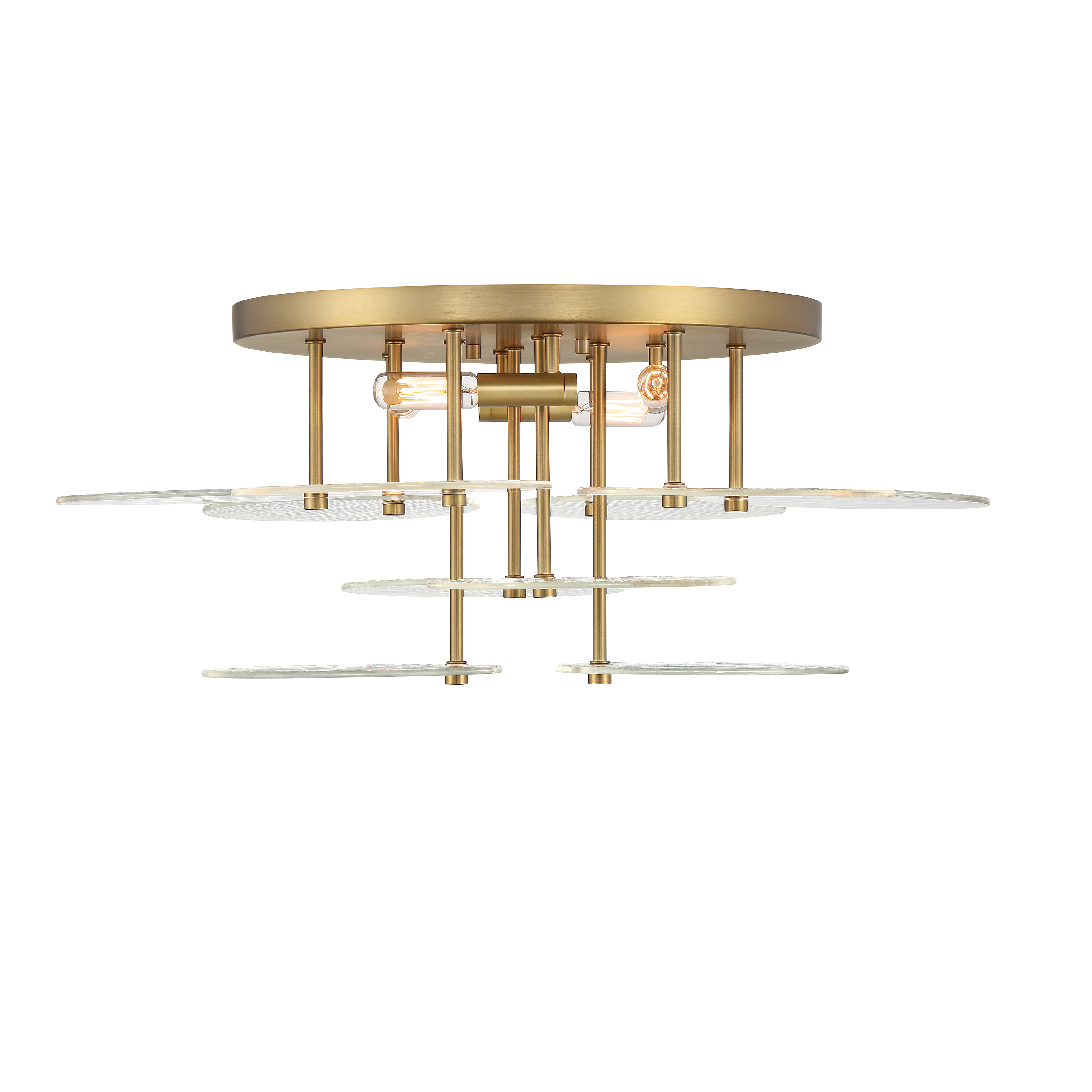 The Artze flush mount combines warm soft brass finish with distinctive water glass shades for a sophisticated look. Its 25-inch width provides ample illumination while the low 10-inch profile works perfectly in rooms with standard ceilings. - alternate view