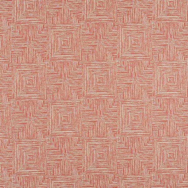 Textured wallpaper with coral-and-beige, hand-drawn concentric square tiles; a repeating, staggered motif covering the surface, shown in a flat, evenly lit close-up.