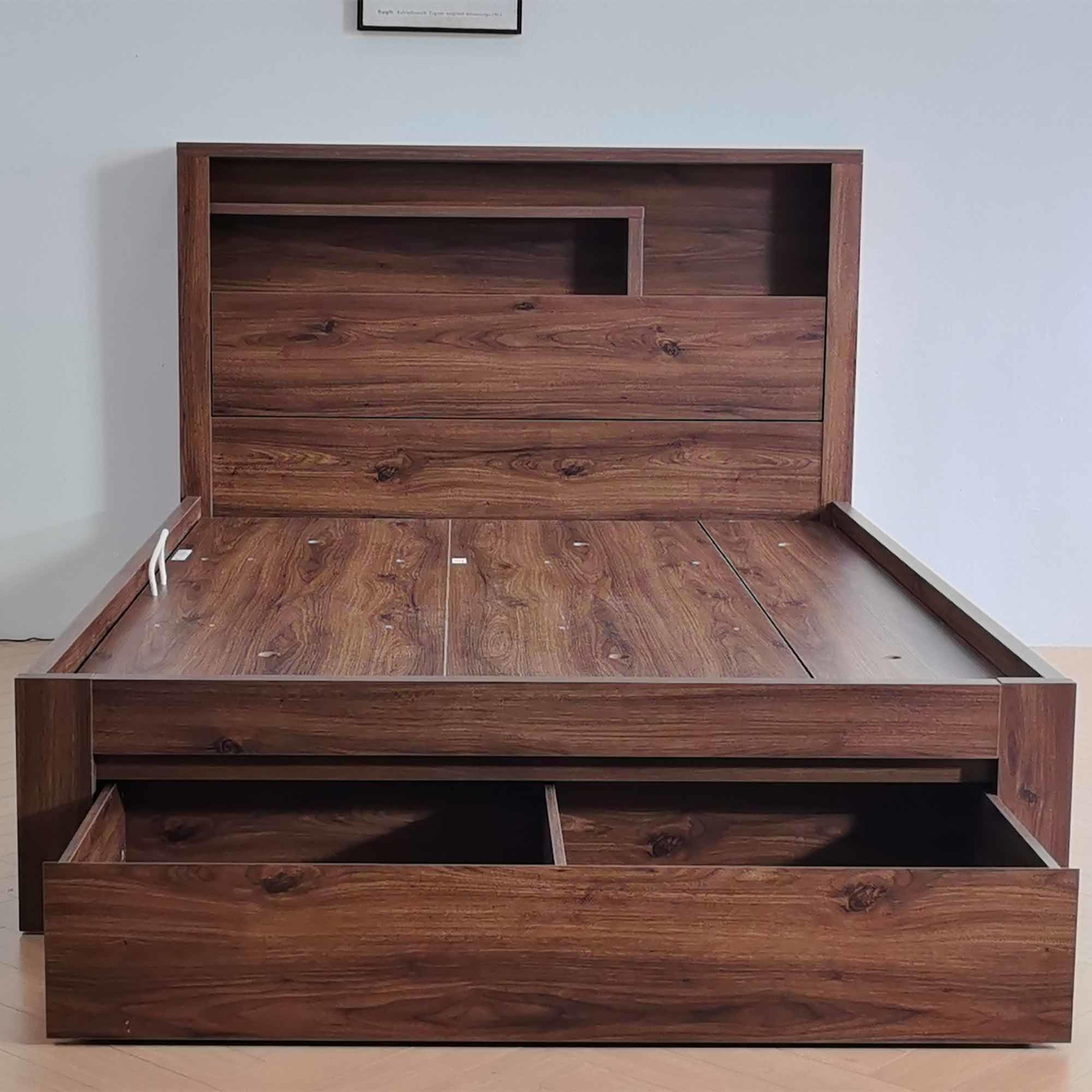 Lifestyle image of the  Bellevue Bed Frame, Side Gas Lift & End Drawer Base, Rustic Walnut from Forty Winks