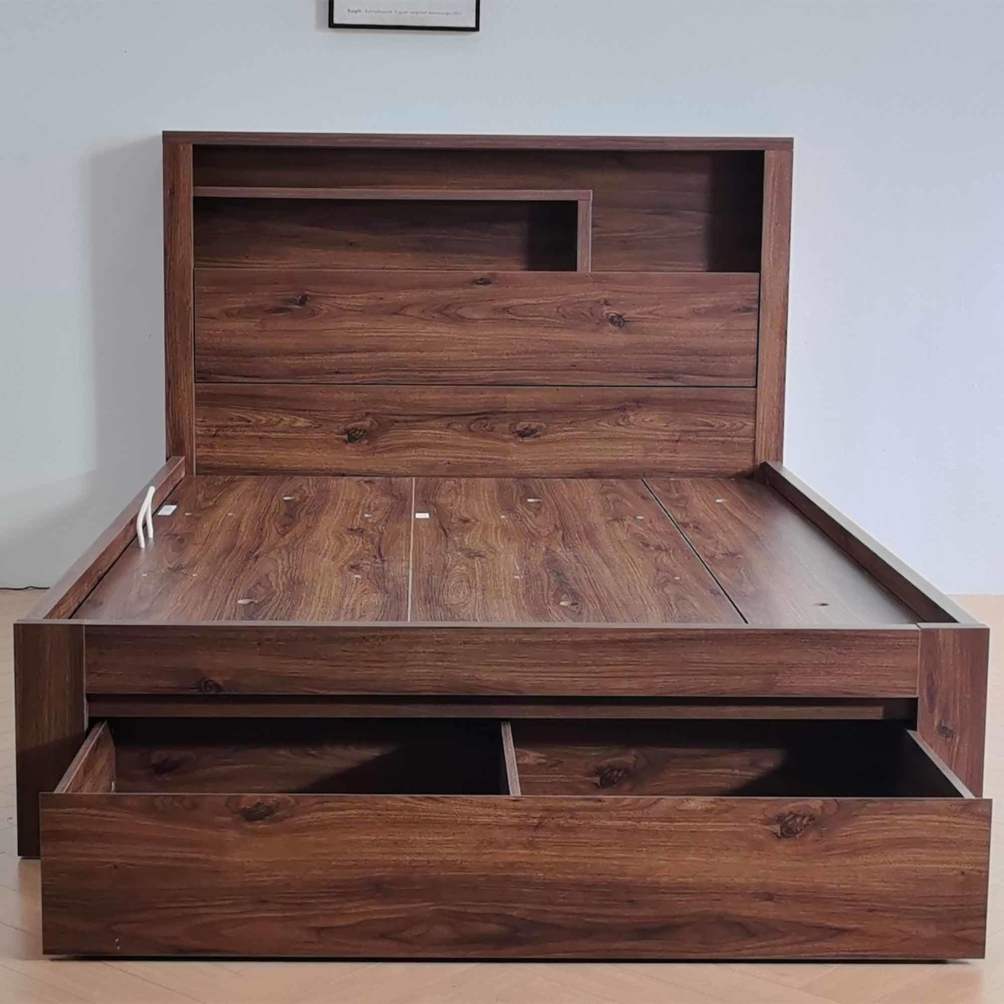 Lifestyle image of the  Bellevue Bed Frame, Side Gas Lift & End Drawer Base, Rustic Walnut from Forty Winks