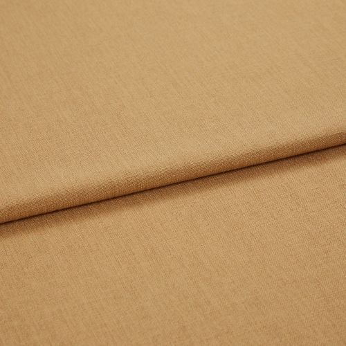 Tan woven fabric folded into two overlapping layers, showing fine textured weave and tight stitching; softly lit close-up on a neutral surface suggesting a studio or sample display.