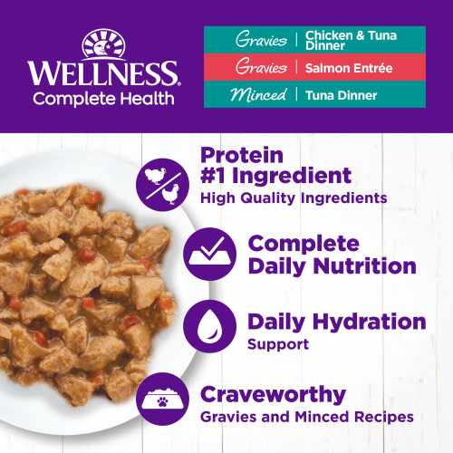 The benefits of Wellness Complete Health Tasty Textures Salmon, Tuna and Chicken Variety Pack