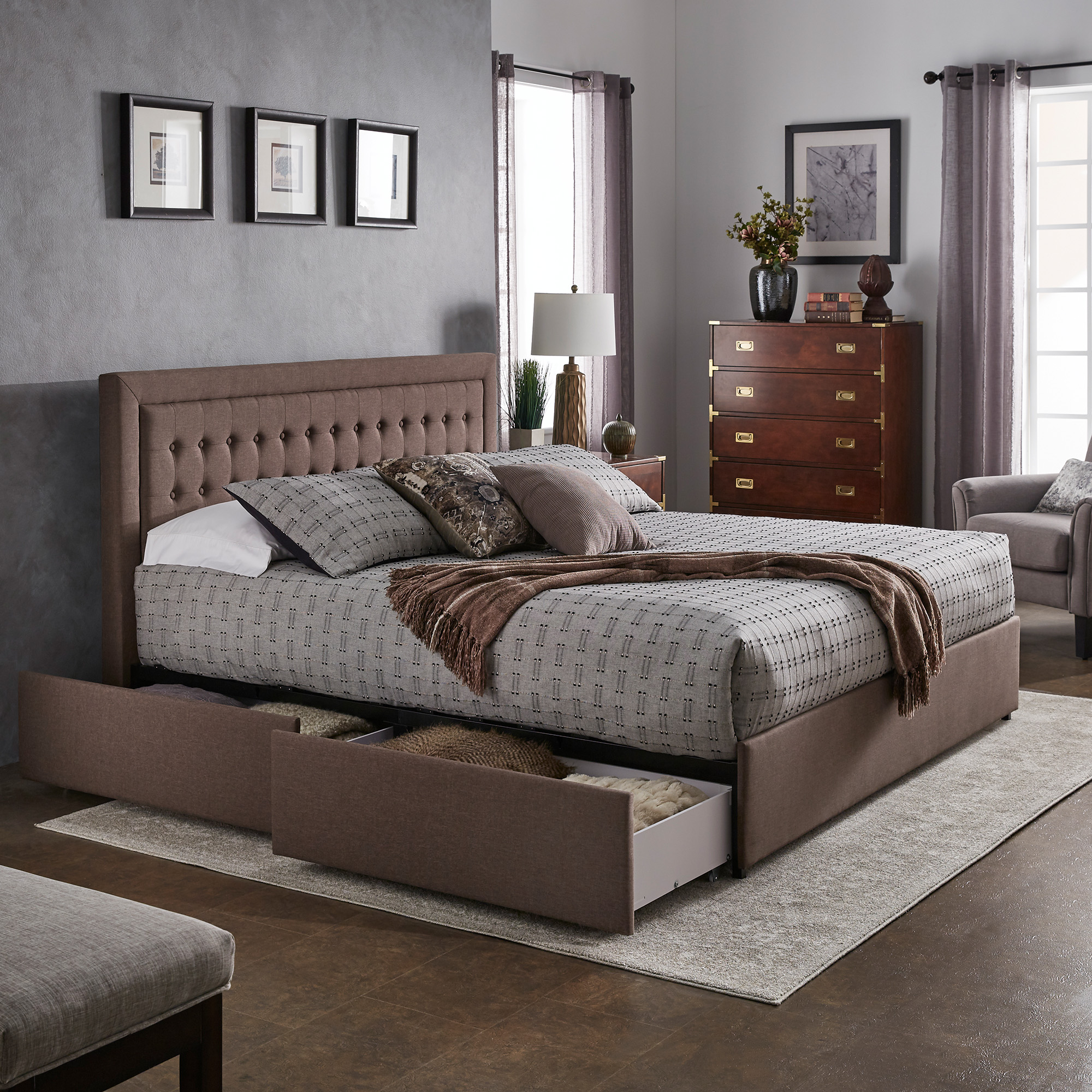 Tufted Linen Headboard Storage Platform Bed