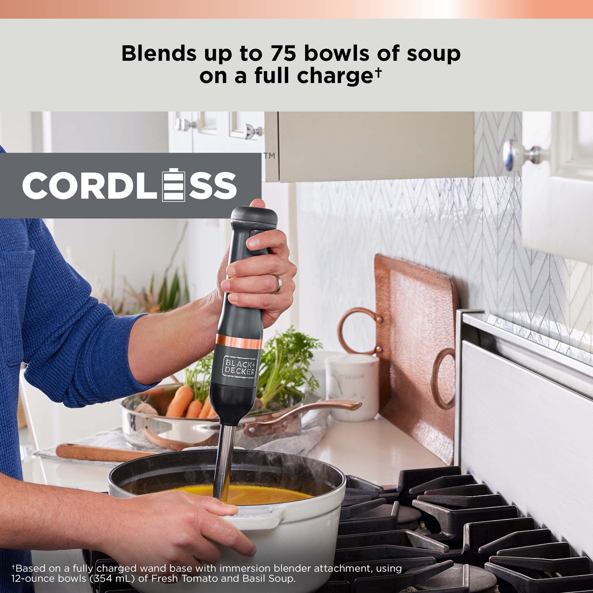 BLACK+DECKER kitchen wand™ immersion blender blends up to 75 bowls of soup on a full charge