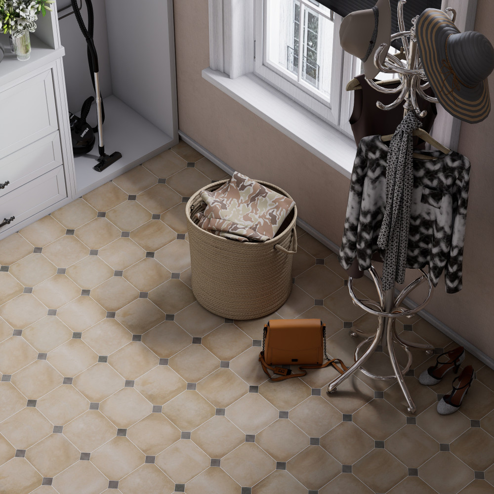 Laverton Octagon Beige with Taco Grafito 7-7/8 in. x 7-7/8 in. Porcelain Floor and Wall Tile