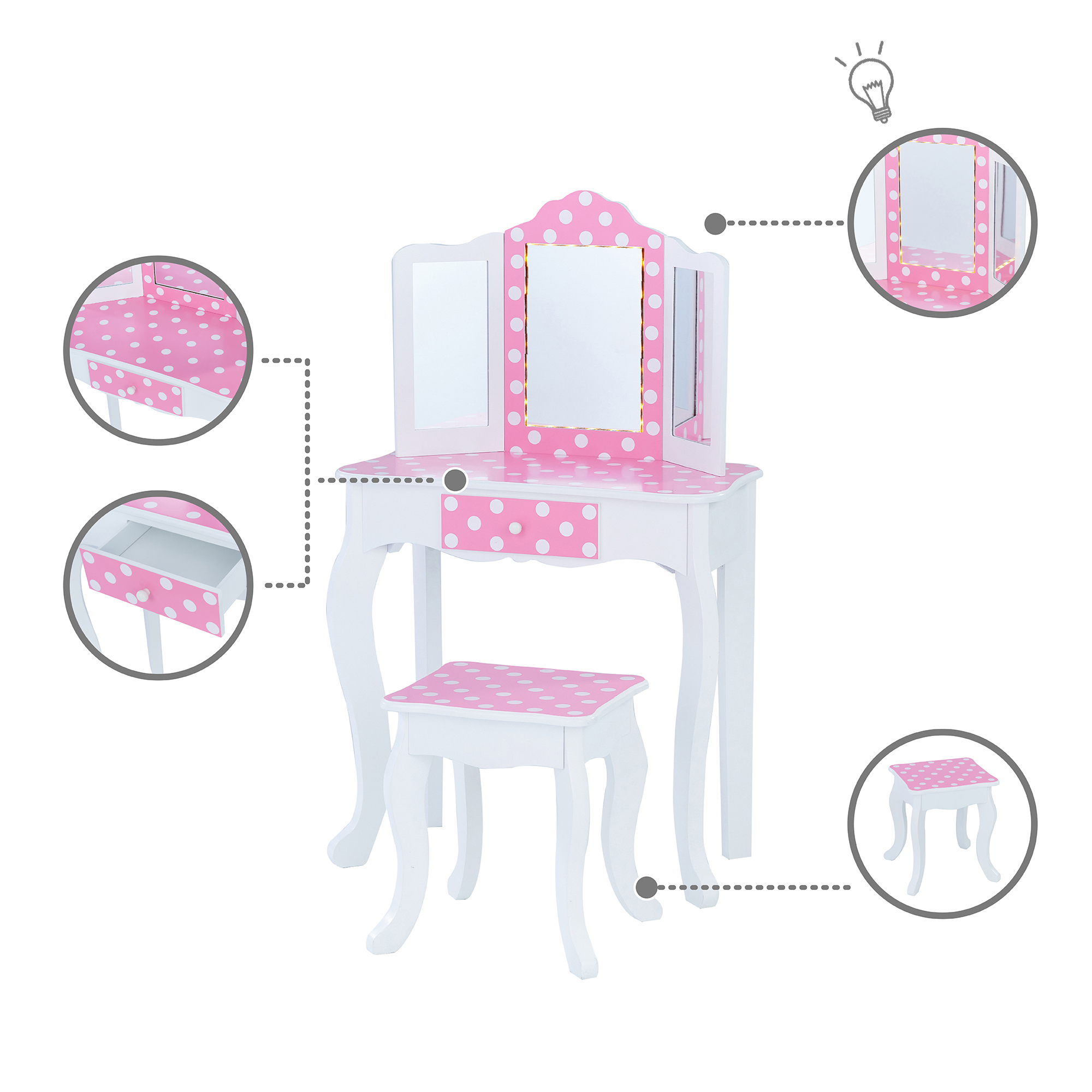 Dressing Table Vanity Set Mirror W/ LED Lights & Stool TD-11670FL by Teamson - Picture 5 of 12