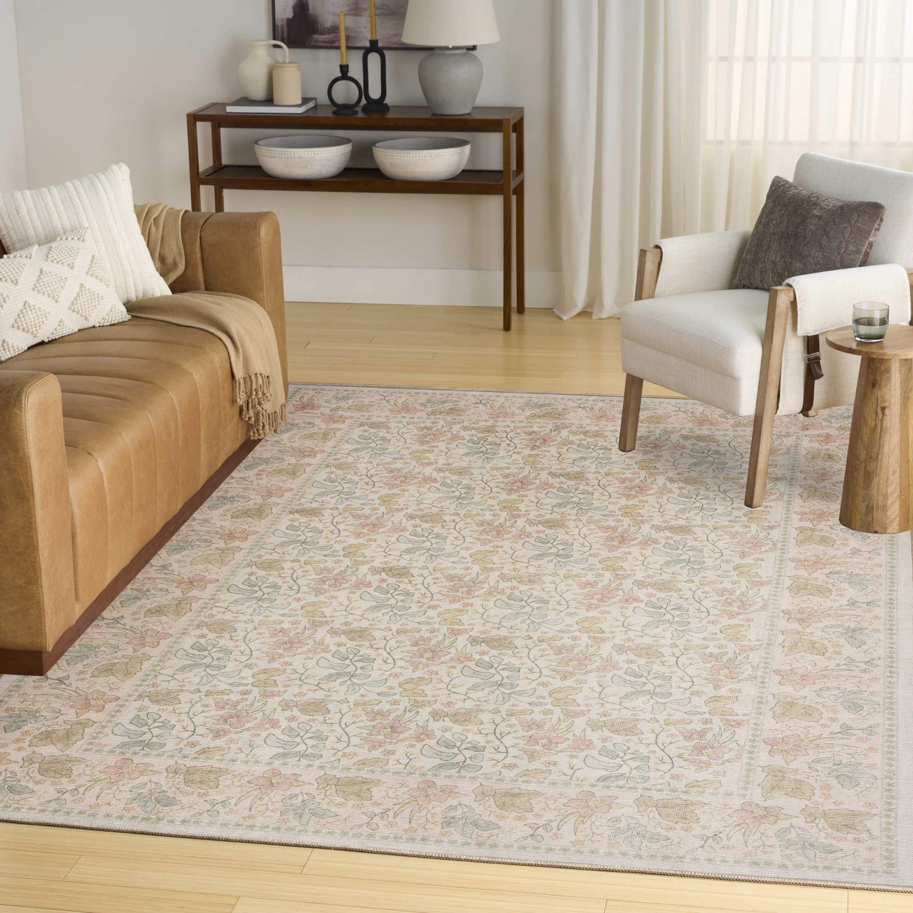 Nourison Botanical Washables 4' x 6' Beige Multicolor Farmhouse Indoor Rug