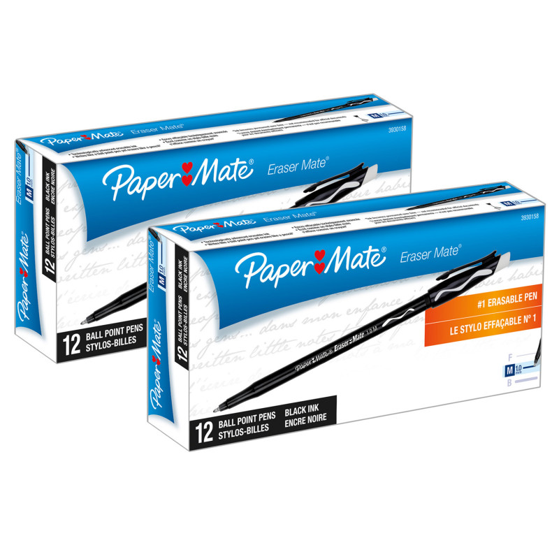 Eraser Mate® Erasable Pen, Medium Point, Black, 12 Per Pack, 2 Packs