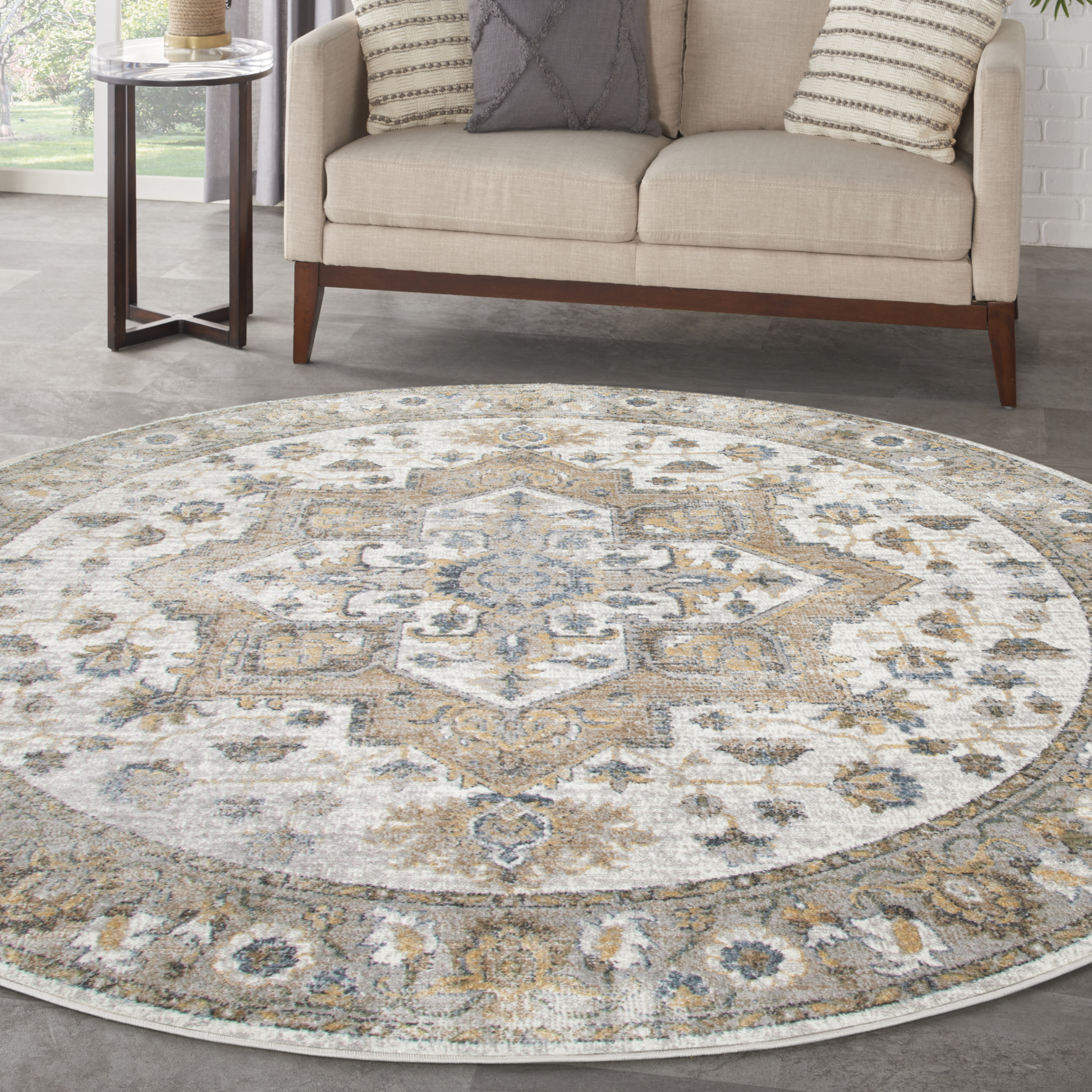 Nourison Astra Machine Washable 5'3" x Round Silver Grey Vintage Indoor Rug