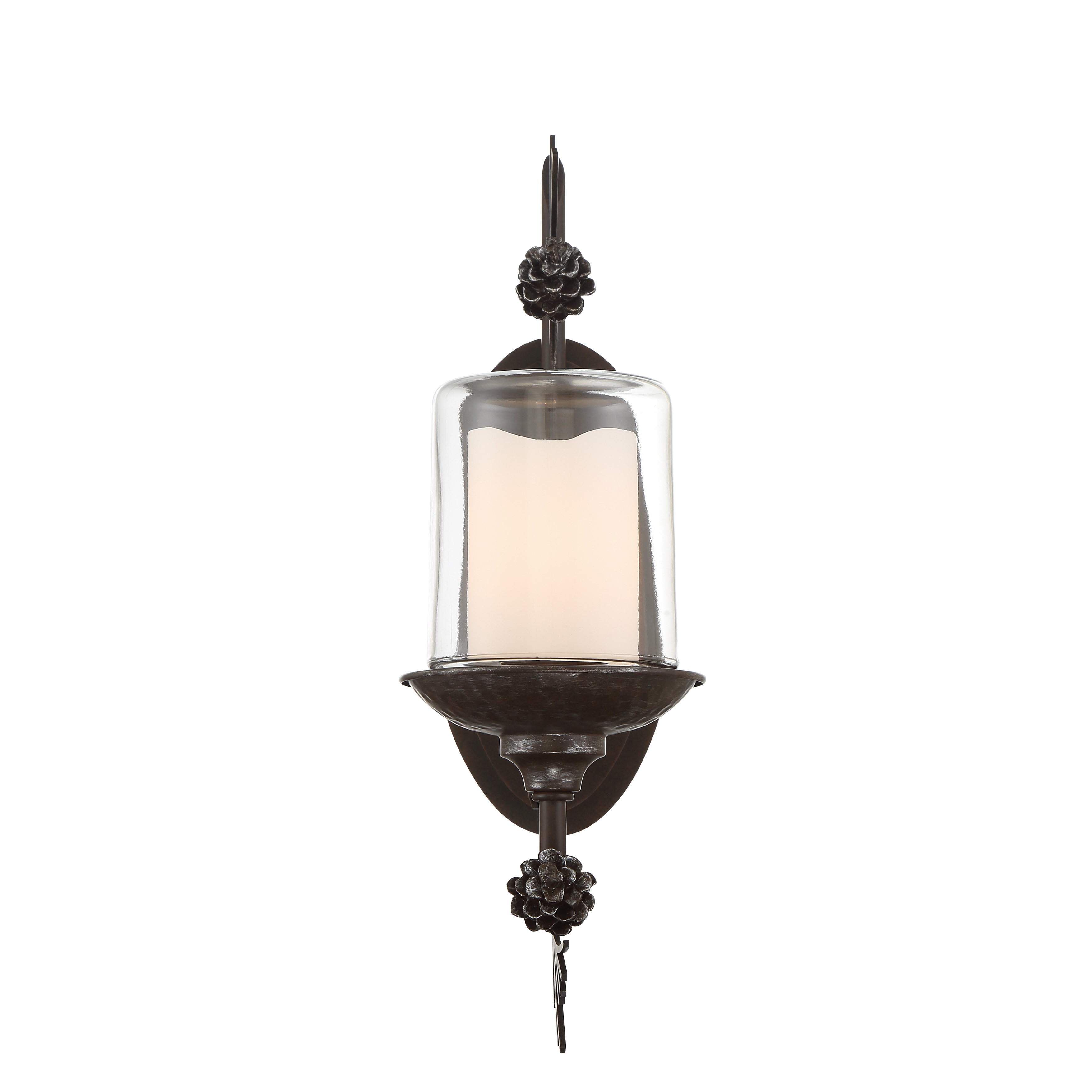 The Ponderosa Ridge wall sconce brings weathered character and artisanal appeal to any space. Its distinctive spruce finish with silver highlights creates visual interest while clear glass maximizes light output. - alternate view