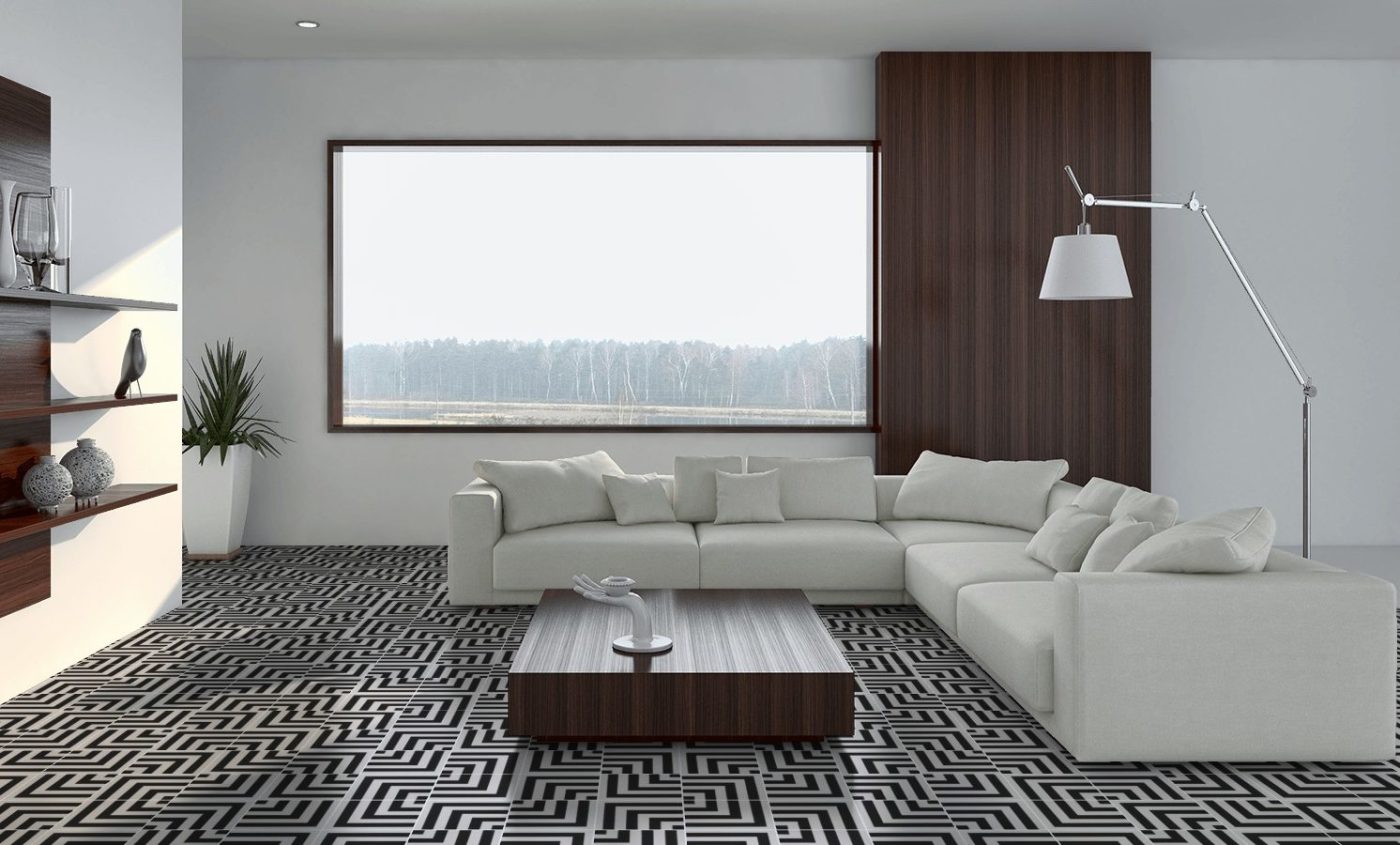 a modern living room with a black and white tiled floor.