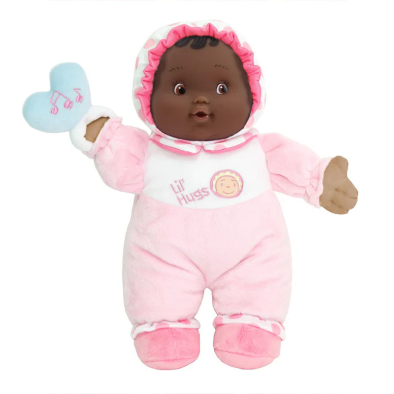 Lil' Hugs Baby's First Soft Doll, Vinyl Face, Pastel Outfits with Rattle, 12" African-American