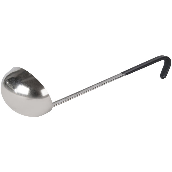 8-ounce two-piece stainless steel oval ladle with Kool-Touch® handle in black