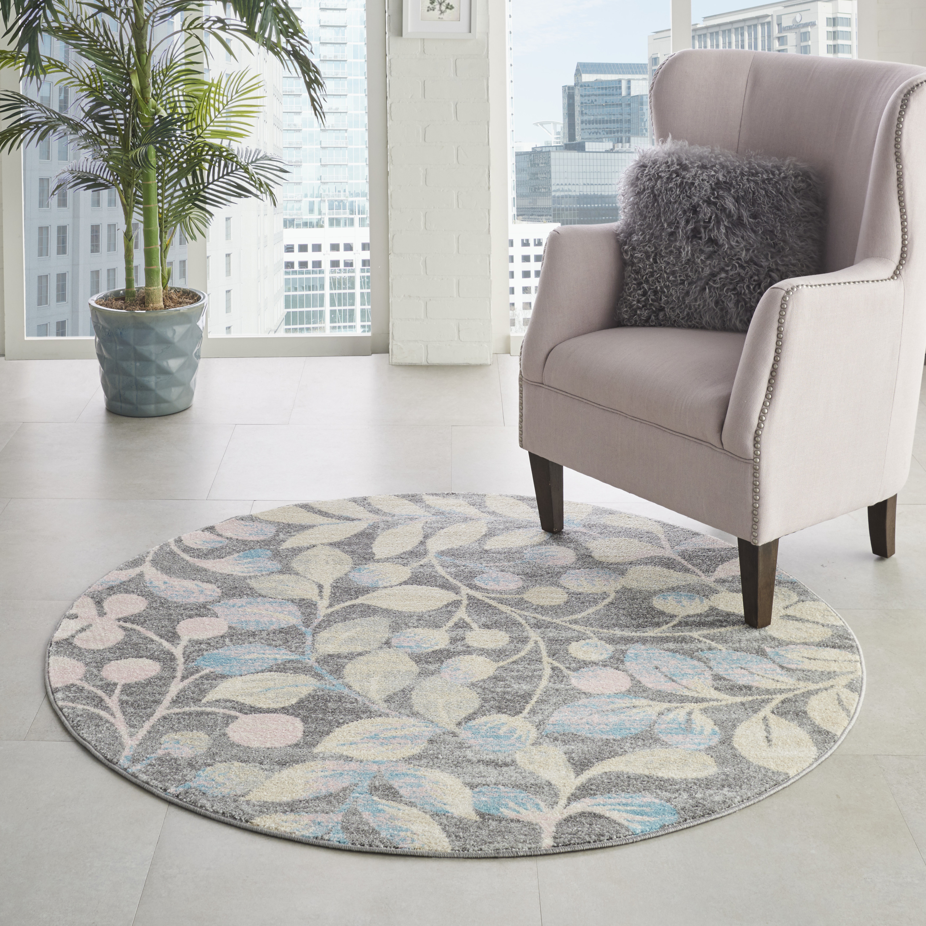Nourison Tranquil 5'3" x Round Grey Beige Farmhouse Indoor Rug