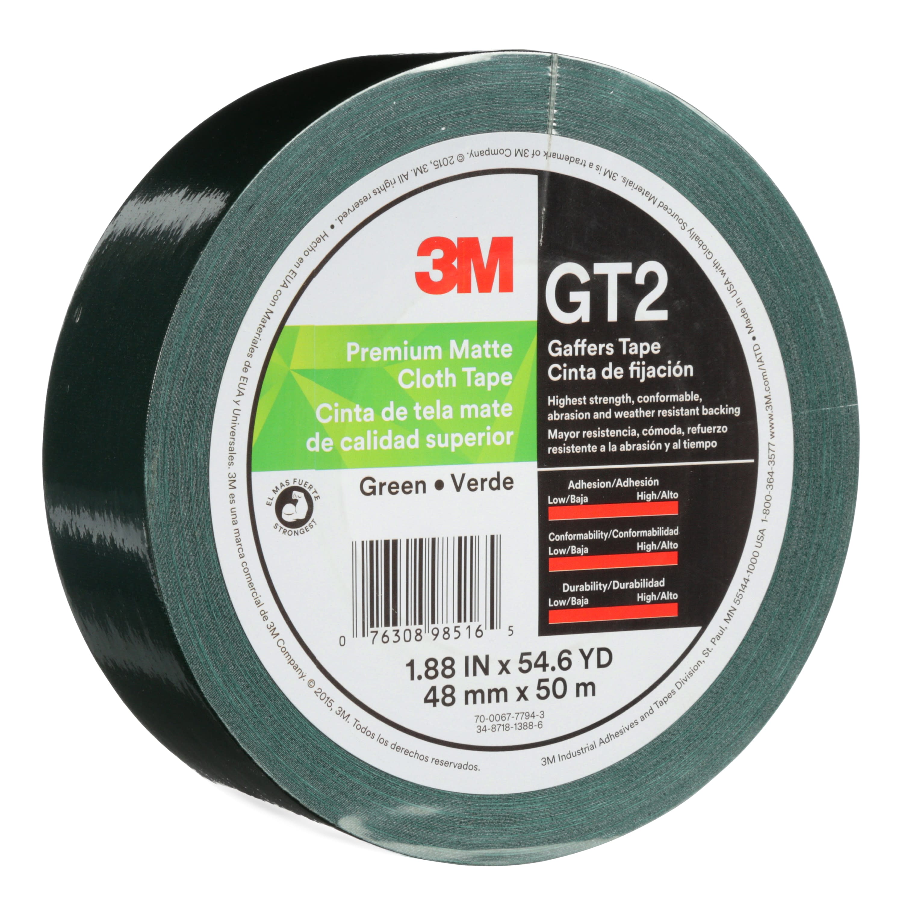 3M™ Premium Matte Cloth (Gaffers) Tape GT2, Green, 48 mm x 50 m, 11 mil,
24 per case