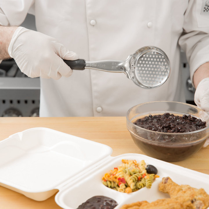 4-ounce one-piece heavy-duty stainless steel perforated round bowl Spoodle® utensil with black nylon handle