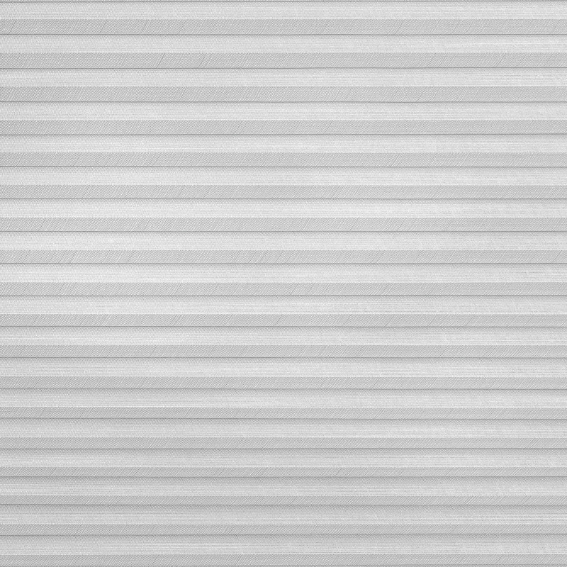 Light-gray pleated (cellular) blind covering the whole window frame, horizontal textured ribs; closed and filtering soft diffuse light; set in a neutral, evenly lit interior with no visible view.