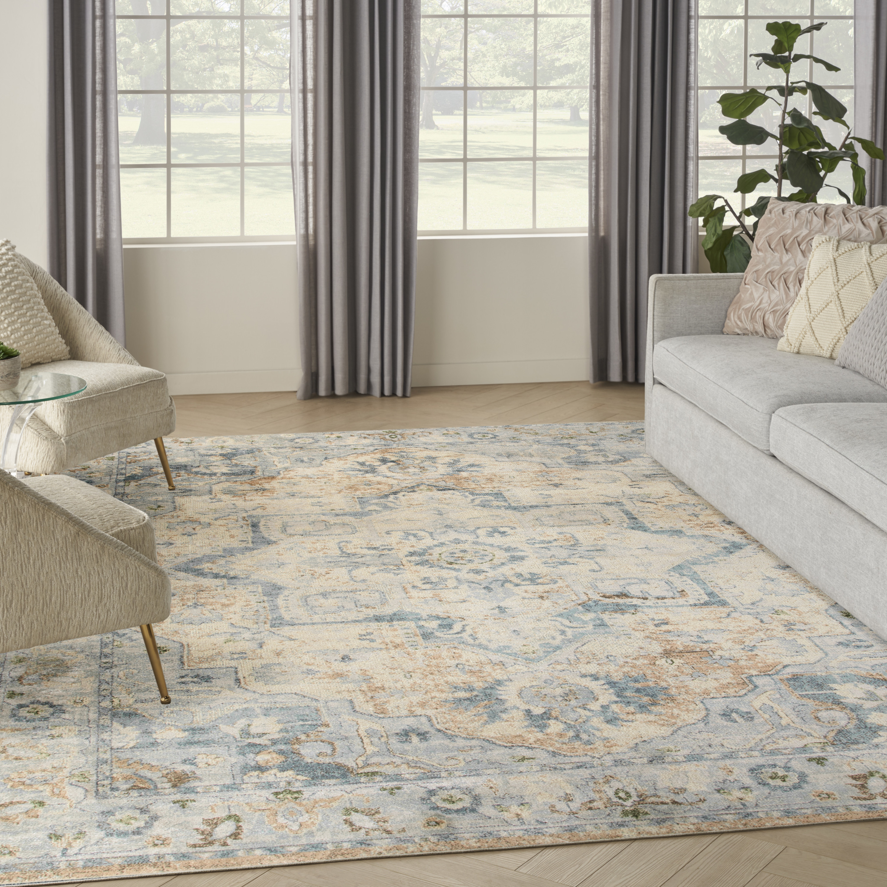 Nourison Astra Machine Washable 9' x 12' Beige Blue Vintage Indoor Rug