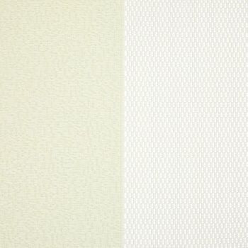Two curtain panels — left opaque beige woven fabric, right sheer white mesh with rectangular weave — meet at center; the opaque blocks light while the sheer filters soft daylight, close-up.
