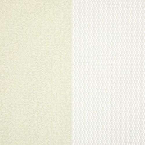 Two curtain panels â€” left opaque beige woven fabric, right sheer white mesh with rectangular weave â€” meet at center; the opaque blocks light while the sheer filters soft daylight, close-up.