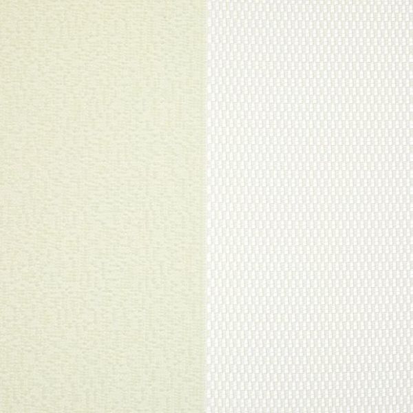 Two curtain panels — left opaque beige woven fabric, right sheer white mesh with rectangular weave — meet at center; the opaque blocks light while the sheer filters soft daylight, close-up.