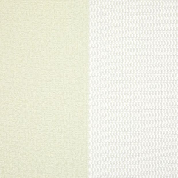 Two curtain panels â€” left opaque beige woven fabric, right sheer white mesh with rectangular weave â€” meet at center; the opaque blocks light while the sheer filters soft daylight, close-up.