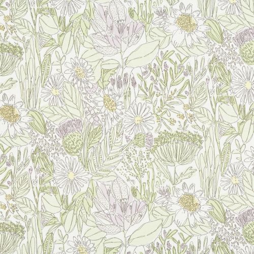 Floral wallpaper with delicate hand-drawn daisies, leaves and seedheads; repeats across the surface, rendered in pale green, soft yellow and muted lavender linework on an off-white background.
